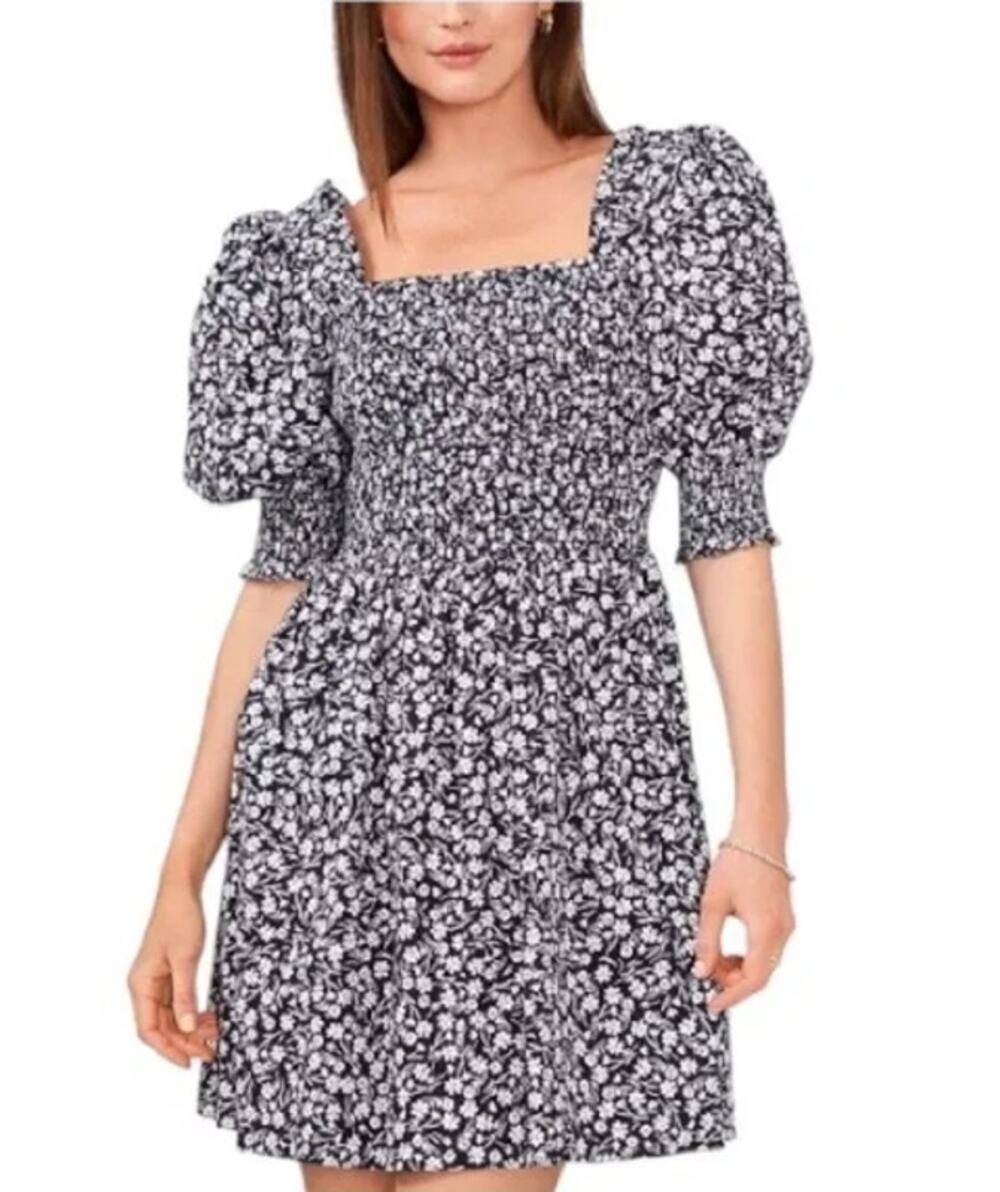 1.State Floral Print Puff Sleeve Smocked Mini Dress Square Neck Fit and Flare